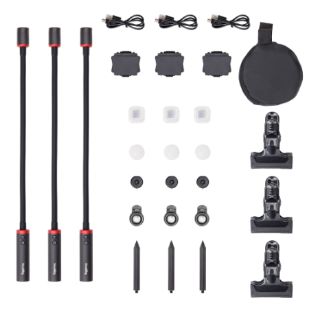 SmallRig 6520 RM 03 (3 sztuki) - zestaw, 3x lampa LED do makrofotografii na elastycznym ramieniu z pełnym zestawem akcesoriów i blendą 5w1 - zawartość zestawu, akcesoria